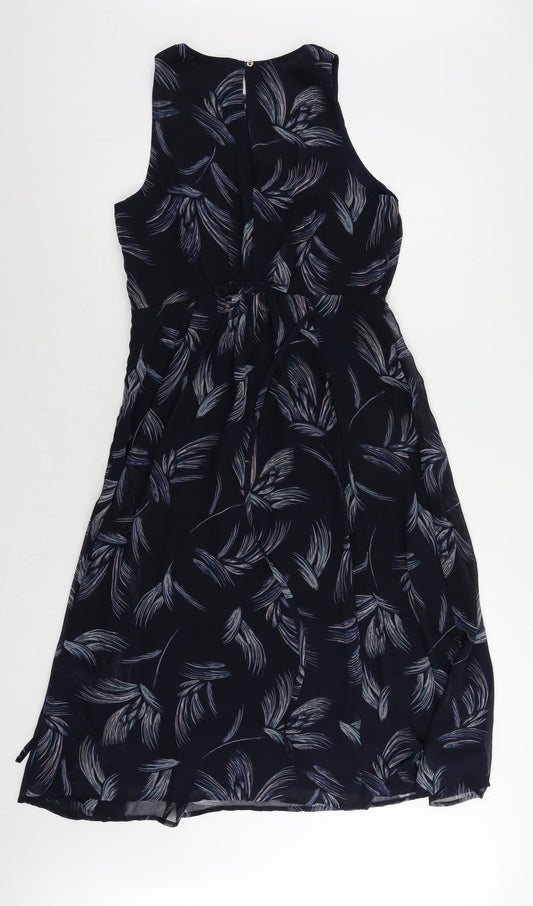 Per Una` Womens Blue Geometric Polyester A-Line Size 12 Round Neck Button