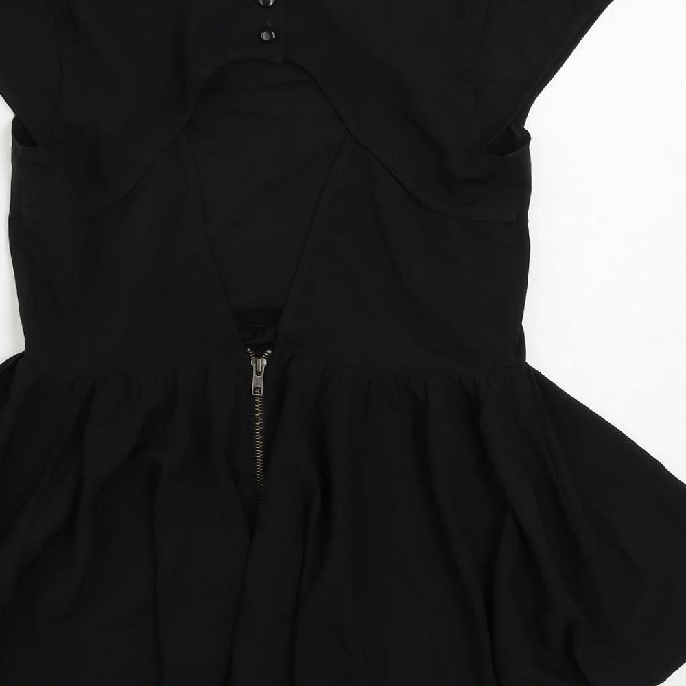 Brand and care label for Miss Selfridge women’s black polyester basic blouse, size UK 10, boat neck - peplum