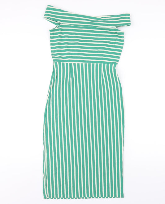 King Louie Womens Green Striped Cotton Bodycon Size XS Off the Shoulder Pullover
