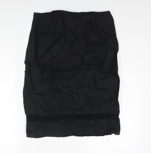 Wallis Womens Black Linen Straight & Pencil Skirt Size 14 Zip - Lace Detail