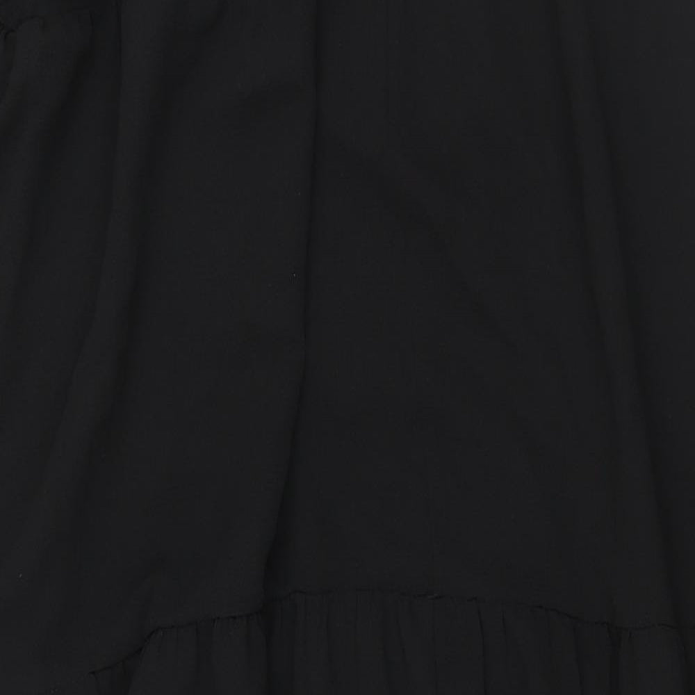 Brand and care label for ASOS women’s black polyester shift, size UK 8, round neck button - smocked frill