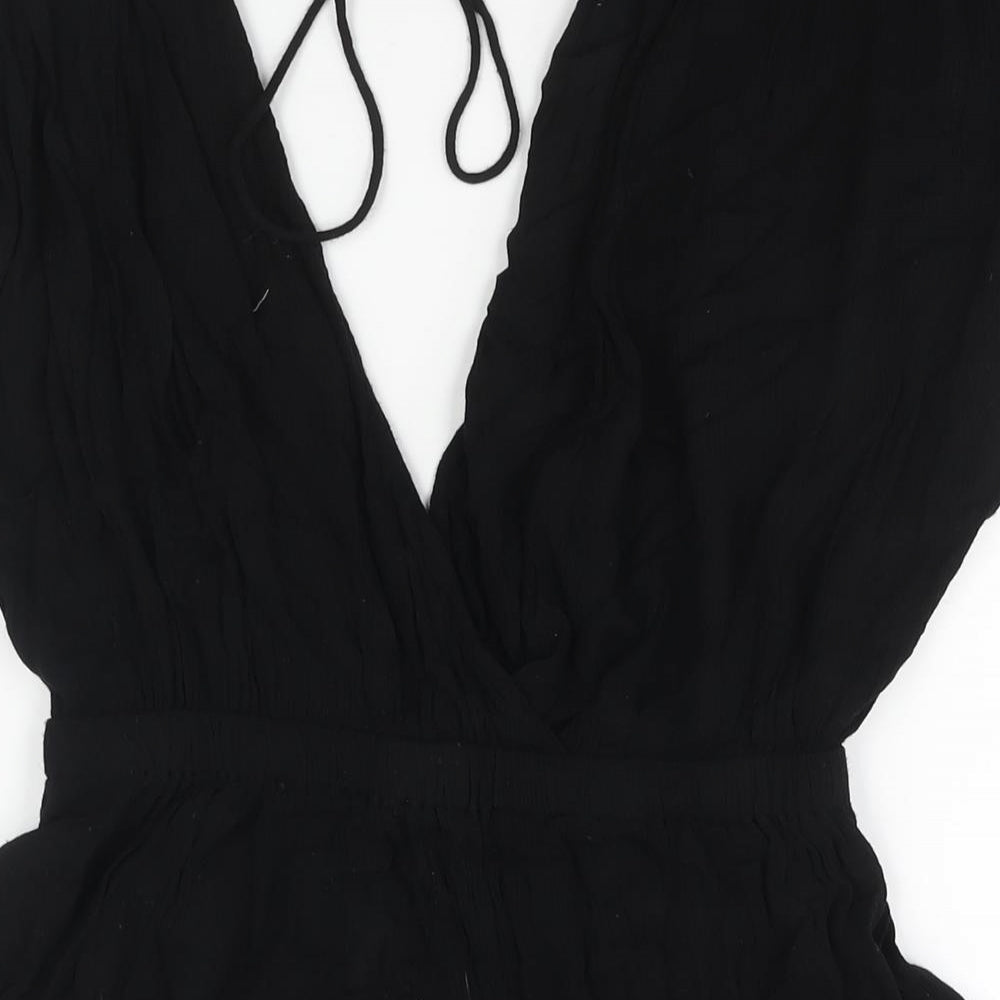 Brand and care label for ASOS women’s black viscose playsuit one-piece, size UK 10, tie - drawstring detail