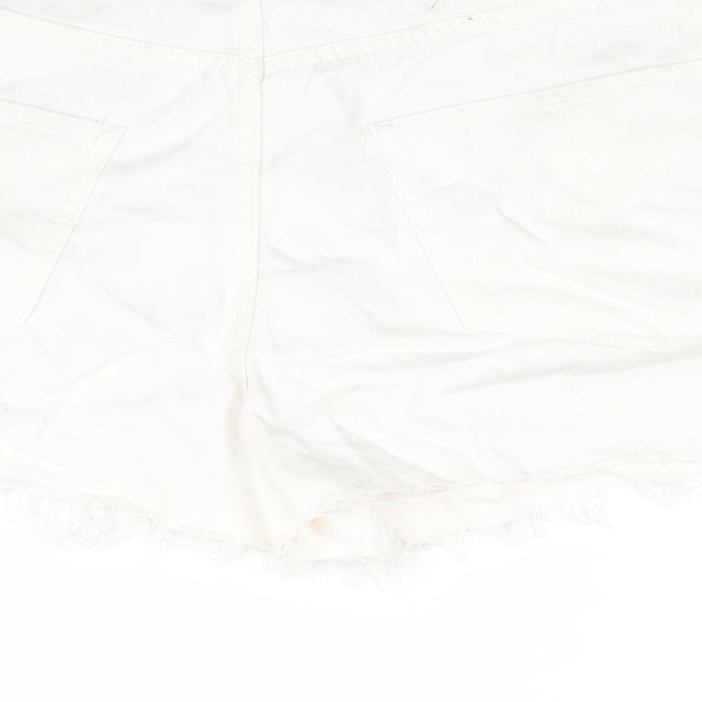 Brand and care label for AsYou women’s white cotton cut-off shorts, size UK 12, regular zip - side slits