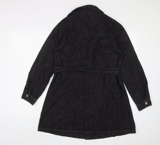 Allegra K Womens Black Cotton A-Line Size S V-Neck Button - Belted