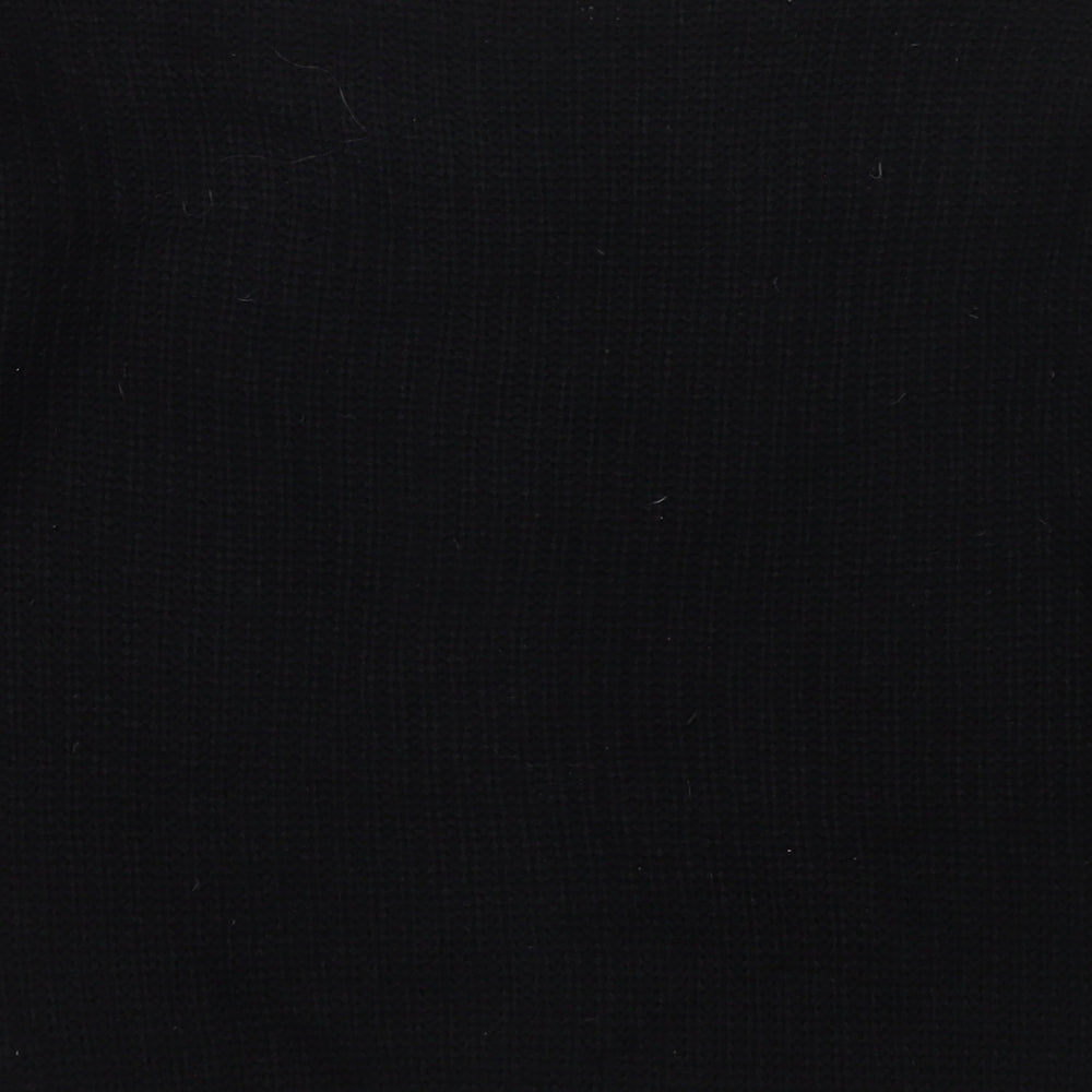 Brand and care label for Missguided women’s black round neck acrylic jumper, size UK 6