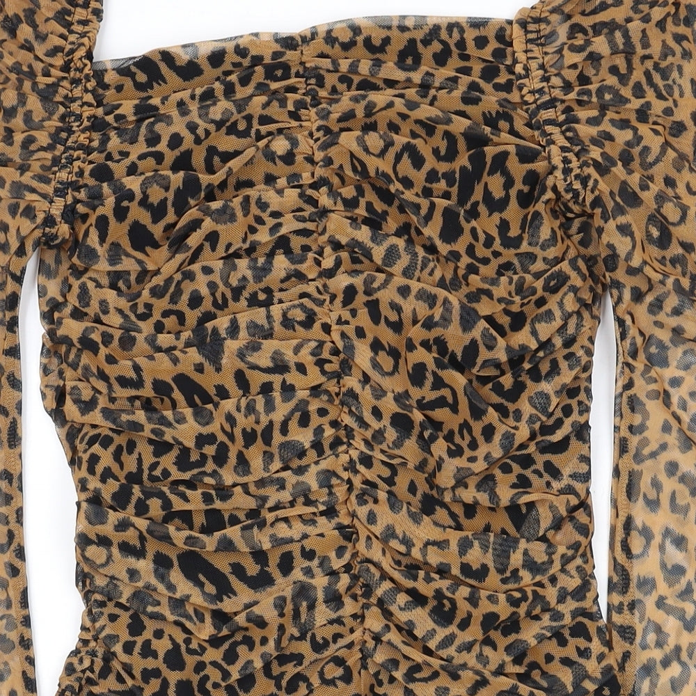Brand and care label for Missguided women’s brown animal print polyester basic blouse, size UK 6, square neck - leopard print
