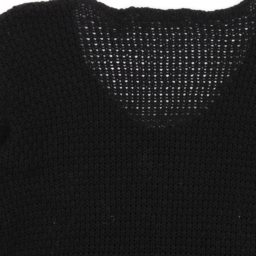 Brand and care label for Alexara women’s black v-neck acrylic cardigan jumper, size S