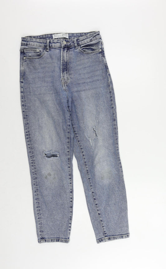 Stradivarius Womens Blue Cotton Mom Jeans Size 12 L27 in Regular Zip