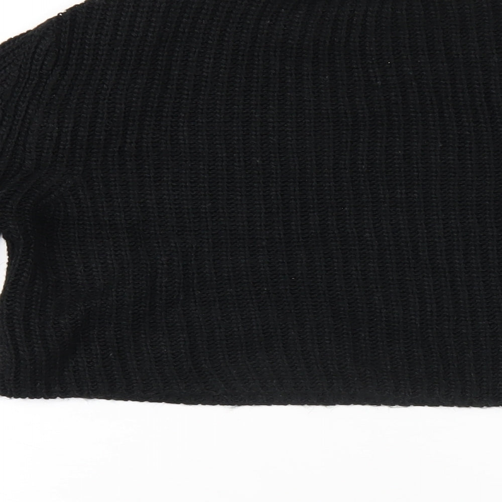 Brand and care label for Miss Selfridge women’s black round neck acrylic jumper, size UK 10