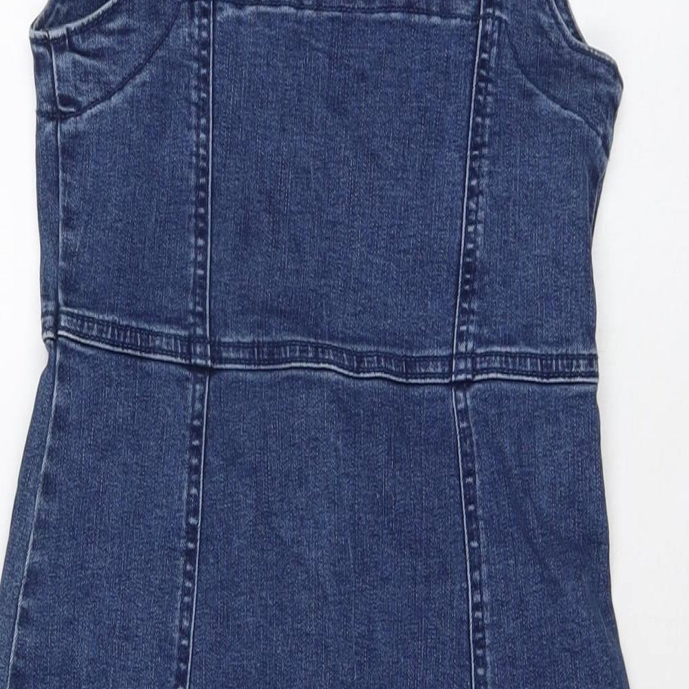Brand and care label for Denim & Co. women’s blue cotton mini, size UK 8, square neck zip