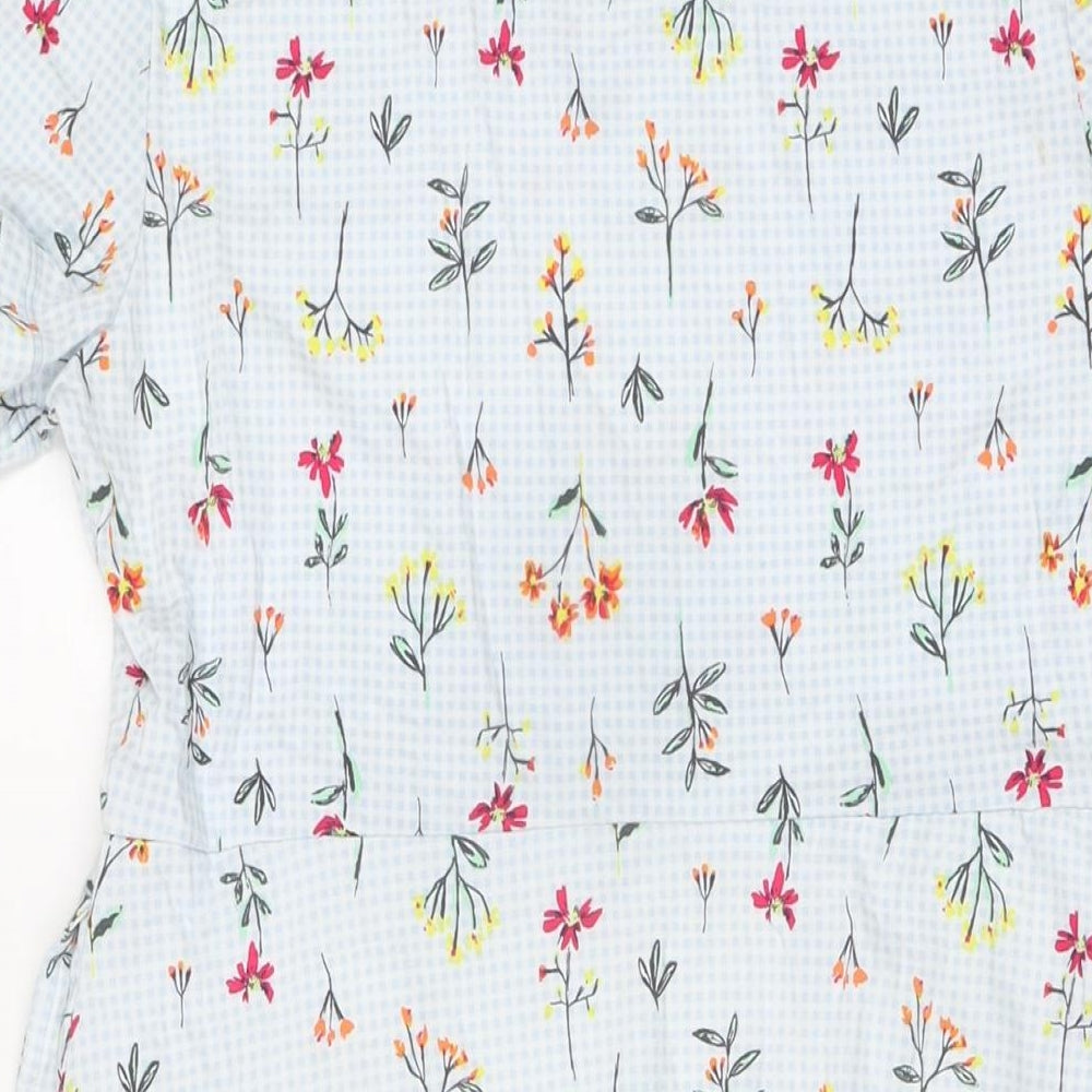 Brand and care label for Land's End women’s blue floral cotton a-line, size S, v-neck pullover