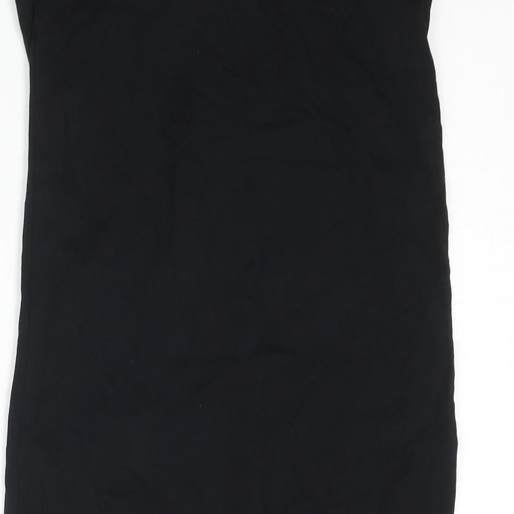 Brand and care label for Miss Selfridge women’s black cotton mini, size UK 14, sweetheart pullover