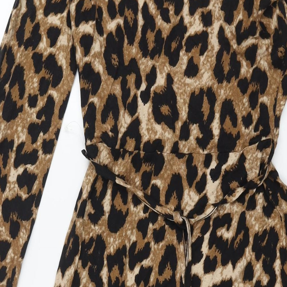 Marks and Spencer Womens Brown Animal Print Viscose A-Line Size 6 V-Neck Pullover - Belted Leopard Print