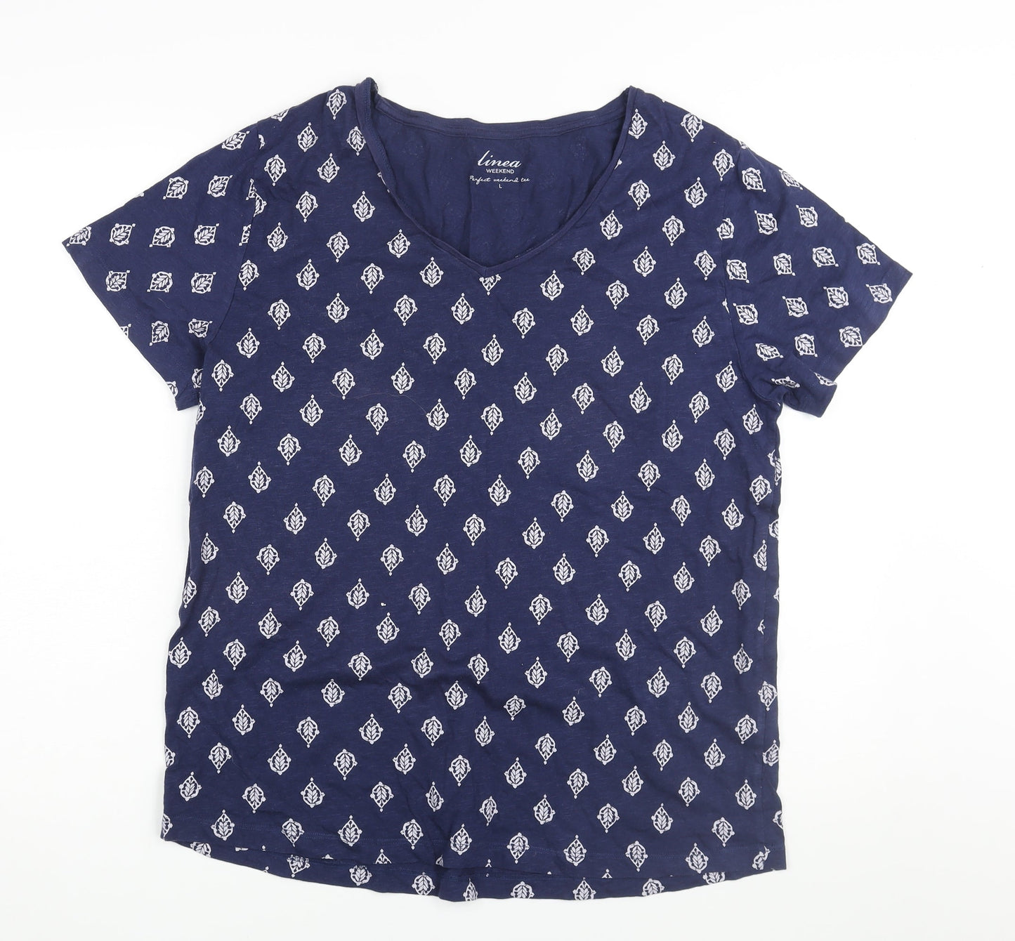 Linea Womens Blue Geometric Cotton Basic T-Shirt Size L V-Neck