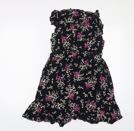 Purple Womens Multicoloured Floral Viscose A-Line Size S V-Neck Button - Frill, Belted