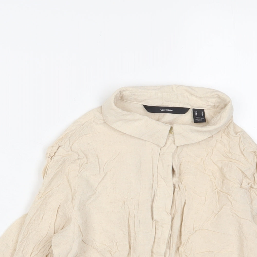 VERO MODA Womens Beige Linen Basic Button-Up Size S Collared