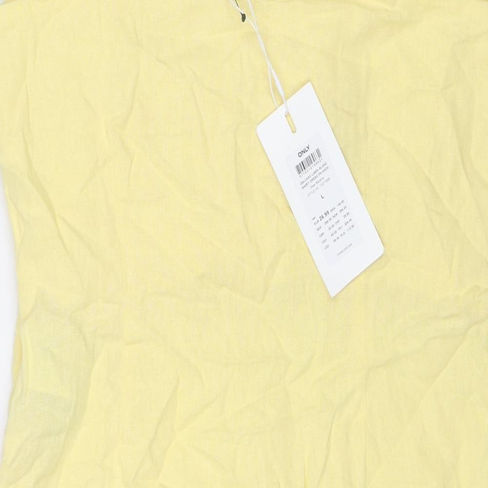 Brand and care label for Only women’s yellow linen mini, size L, square neck zip