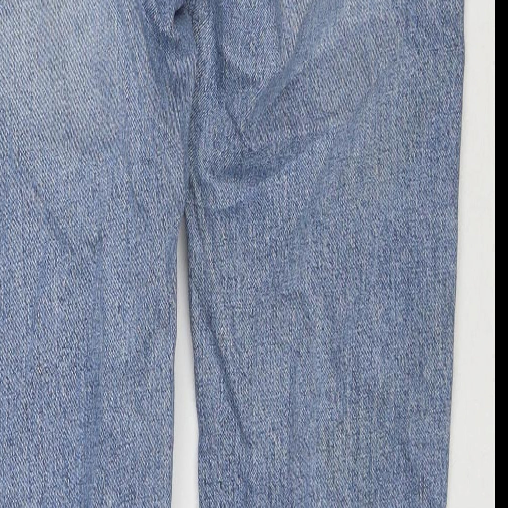 Brand and care label for COS men’s blue cotton straight jeans, size 34, in, 28-inch leg regular zip