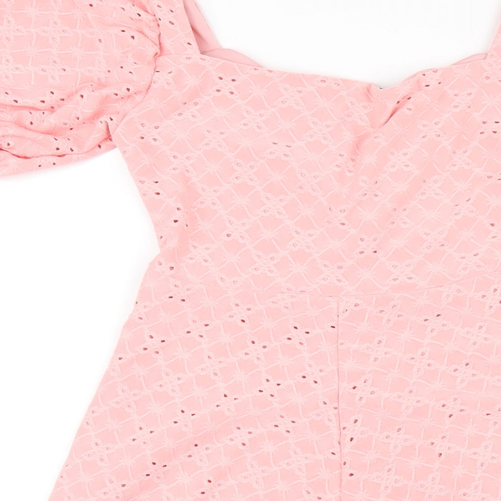 Brand and care label for I SAW IT FIRST women’s pink polyester a-line, size UK 6, v-neck pullover
