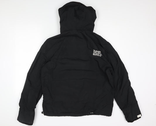 Superdry Mens Black Rain Coat Coat Size XL Zip - Logo Drawstring Fleece Lined