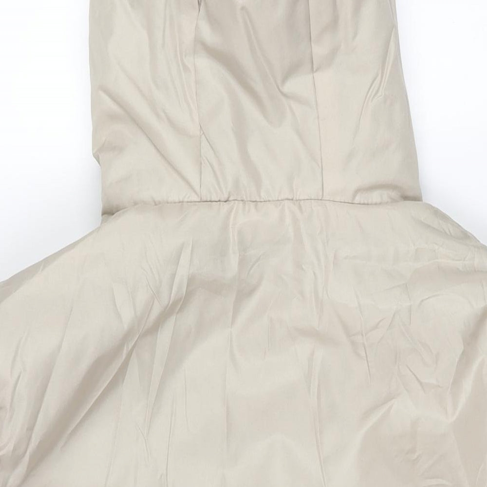 Brand and care label for Anne De Lancay women’s beige parka coat, size M, zip - faux fur hood