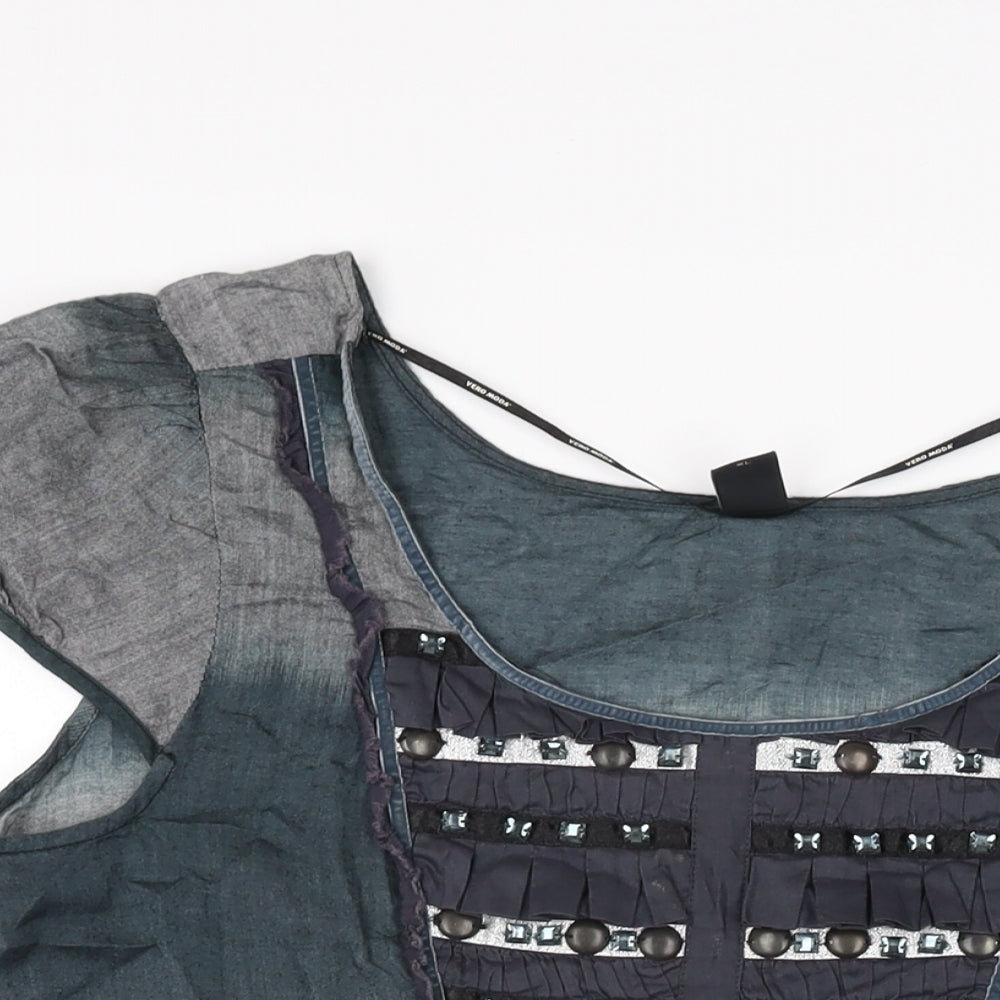 VERO MODA Womens Grey Geometric Cotton Basic T-Shirt Size XL Scoop Neck