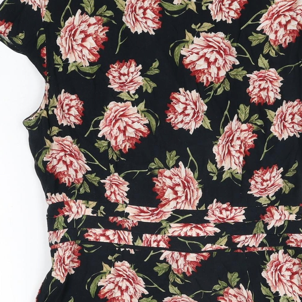 Topshop Womens Black Floral Viscose Skater Dress Size 12 V-Neck Button