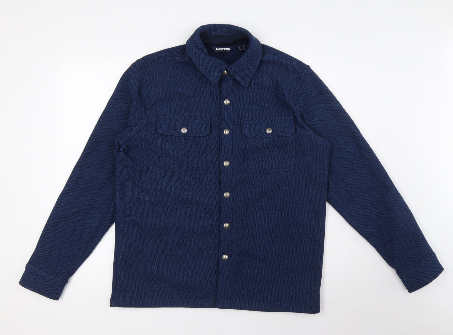 Lands' End Womens Blue Polyester Basic Button-Up Size S Collared