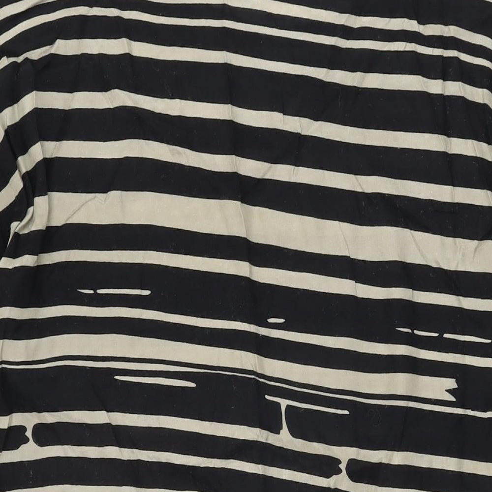 Brand and care label for Masai women’s black striped viscose shift, size S, round neck pullover
