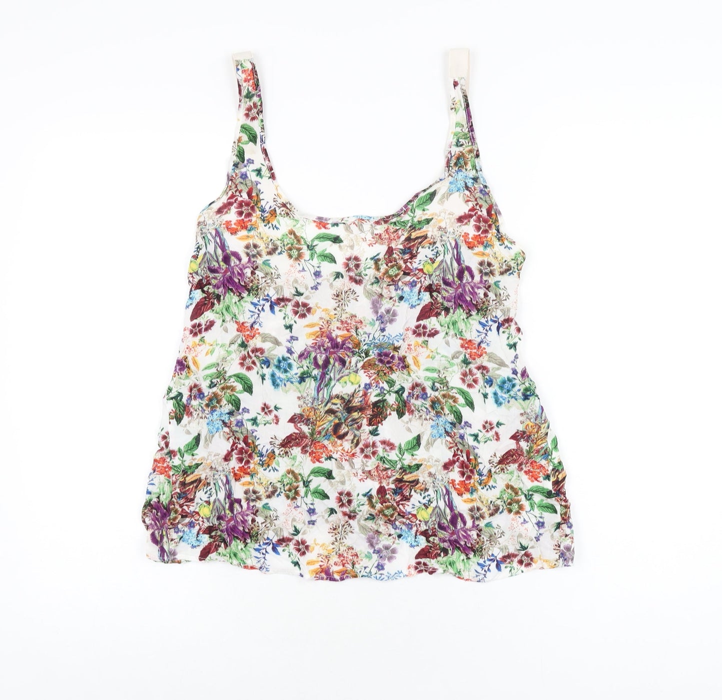 Pull&Bear Womens White Floral Viscose Basic T-Shirt Size S Scoop Neck