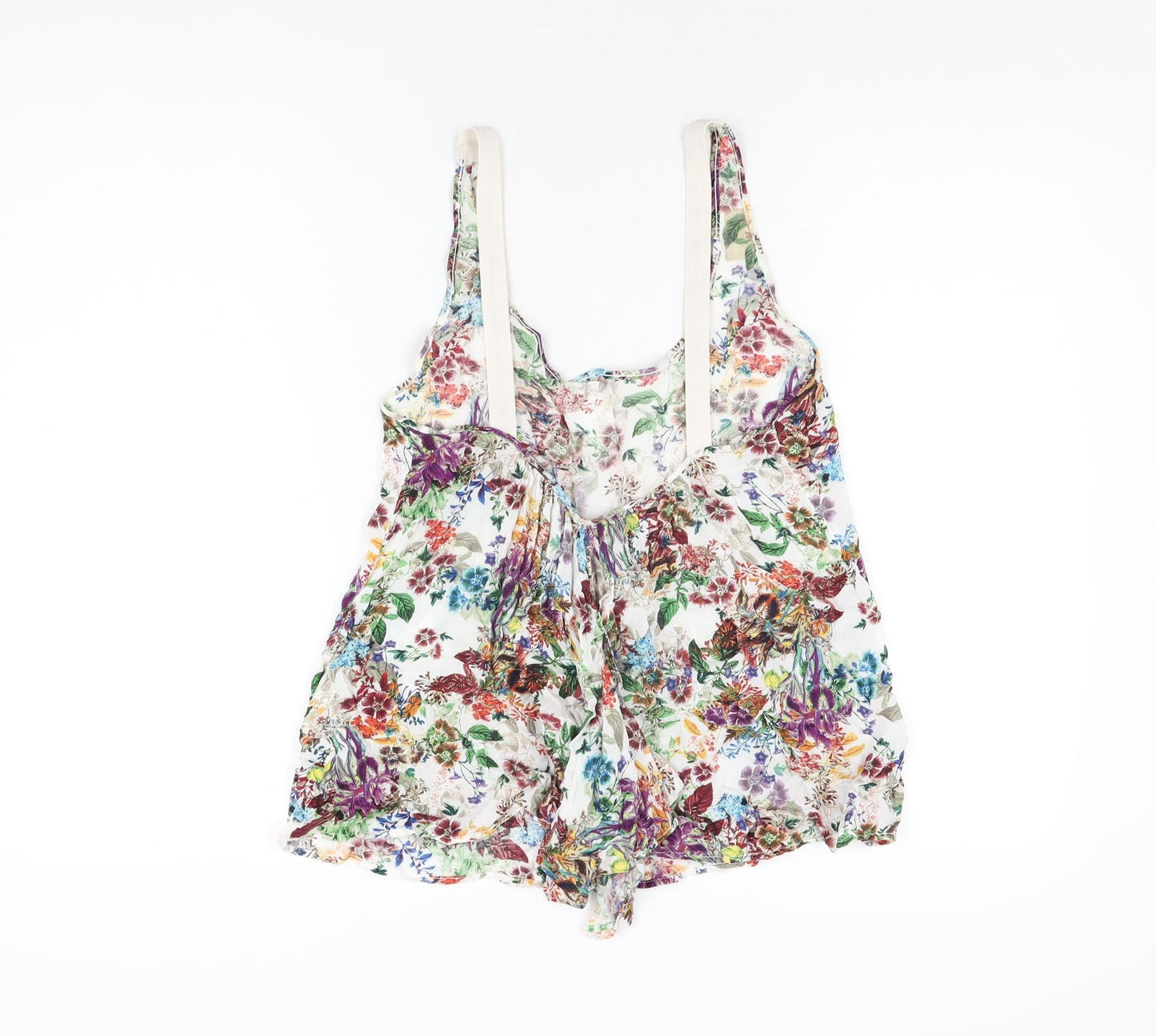 Pull&Bear Womens White Floral Viscose Basic T-Shirt Size S Scoop Neck
