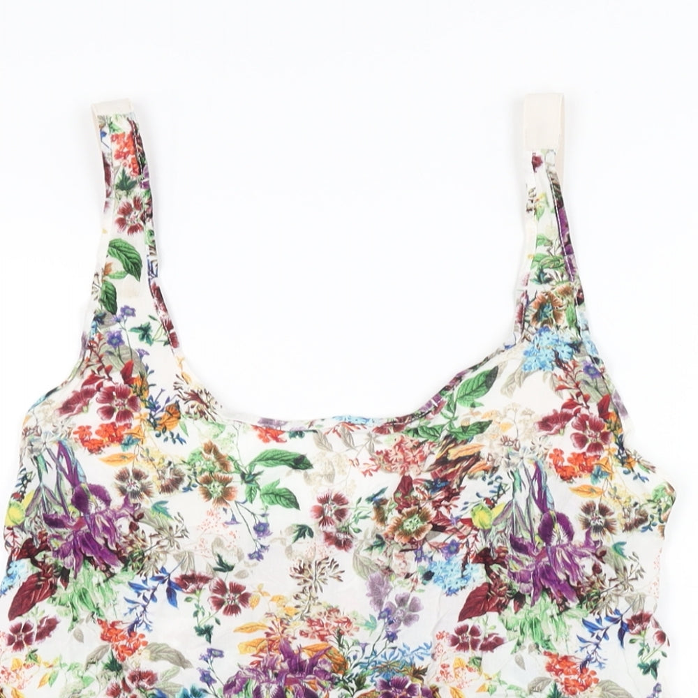 Pull&Bear Womens White Floral Viscose Basic T-Shirt Size S Scoop Neck
