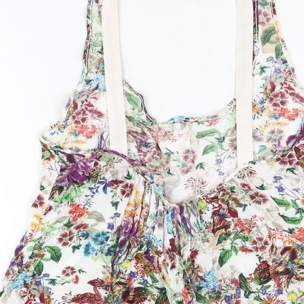 Pull&Bear Womens White Floral Viscose Basic T-Shirt Size S Scoop Neck