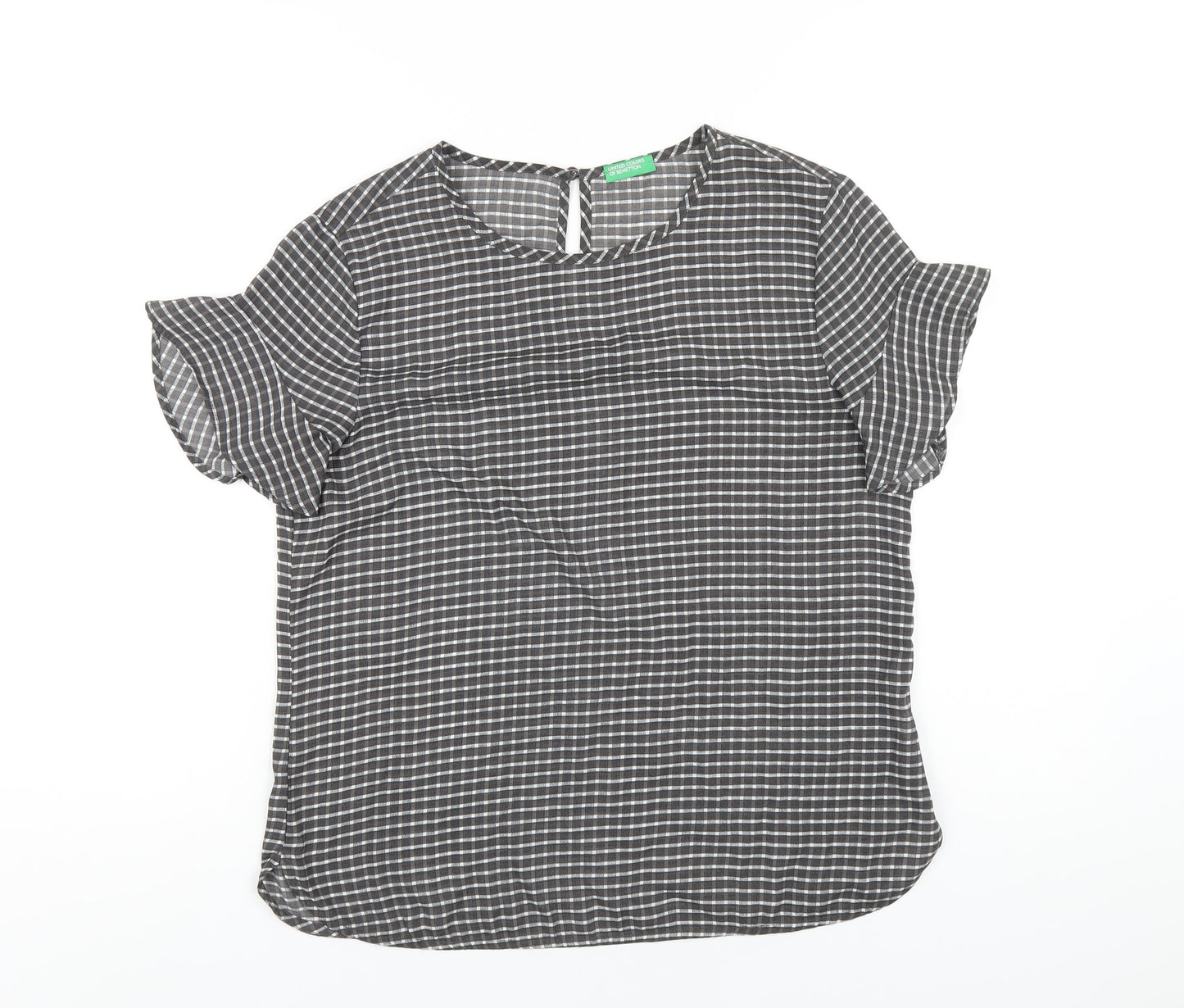 United Colors of Benetton Womens Grey Check Polyester Basic T-Shirt Size S Round Neck