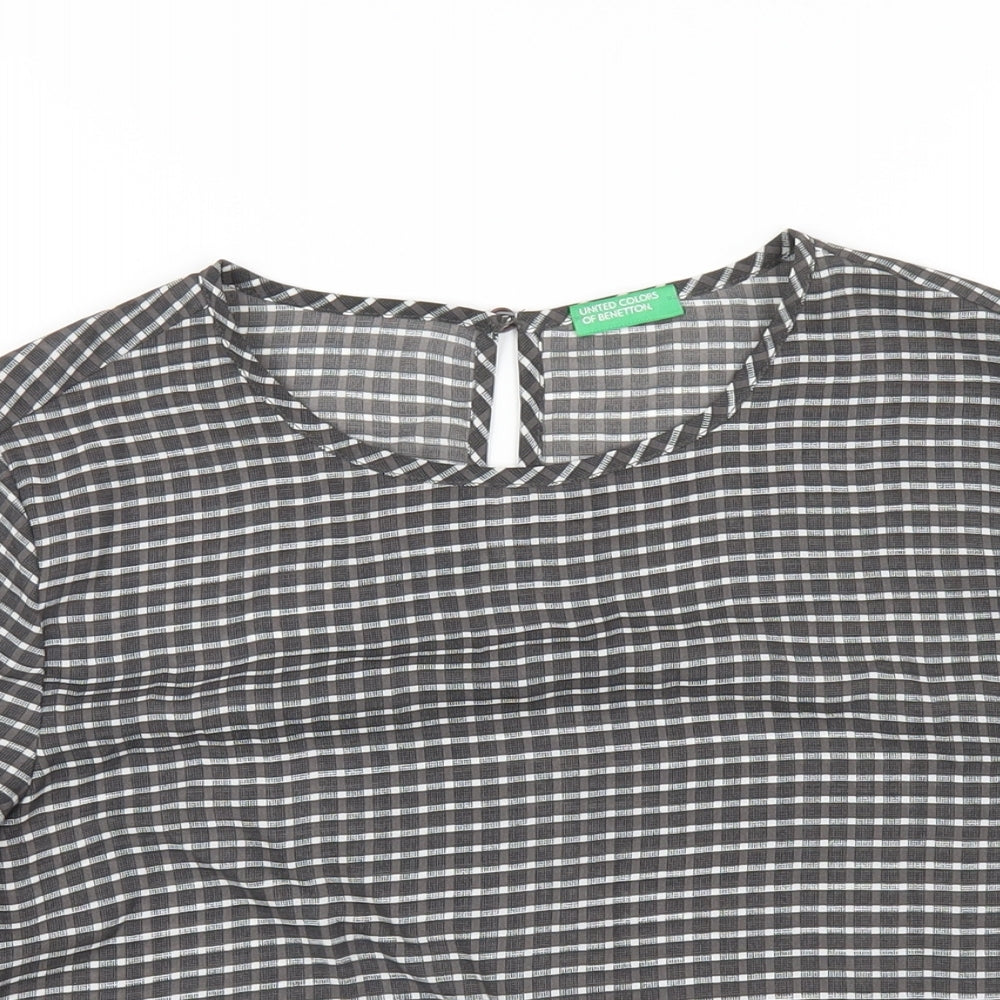 United Colors of Benetton Womens Grey Check Polyester Basic T-Shirt Size S Round Neck