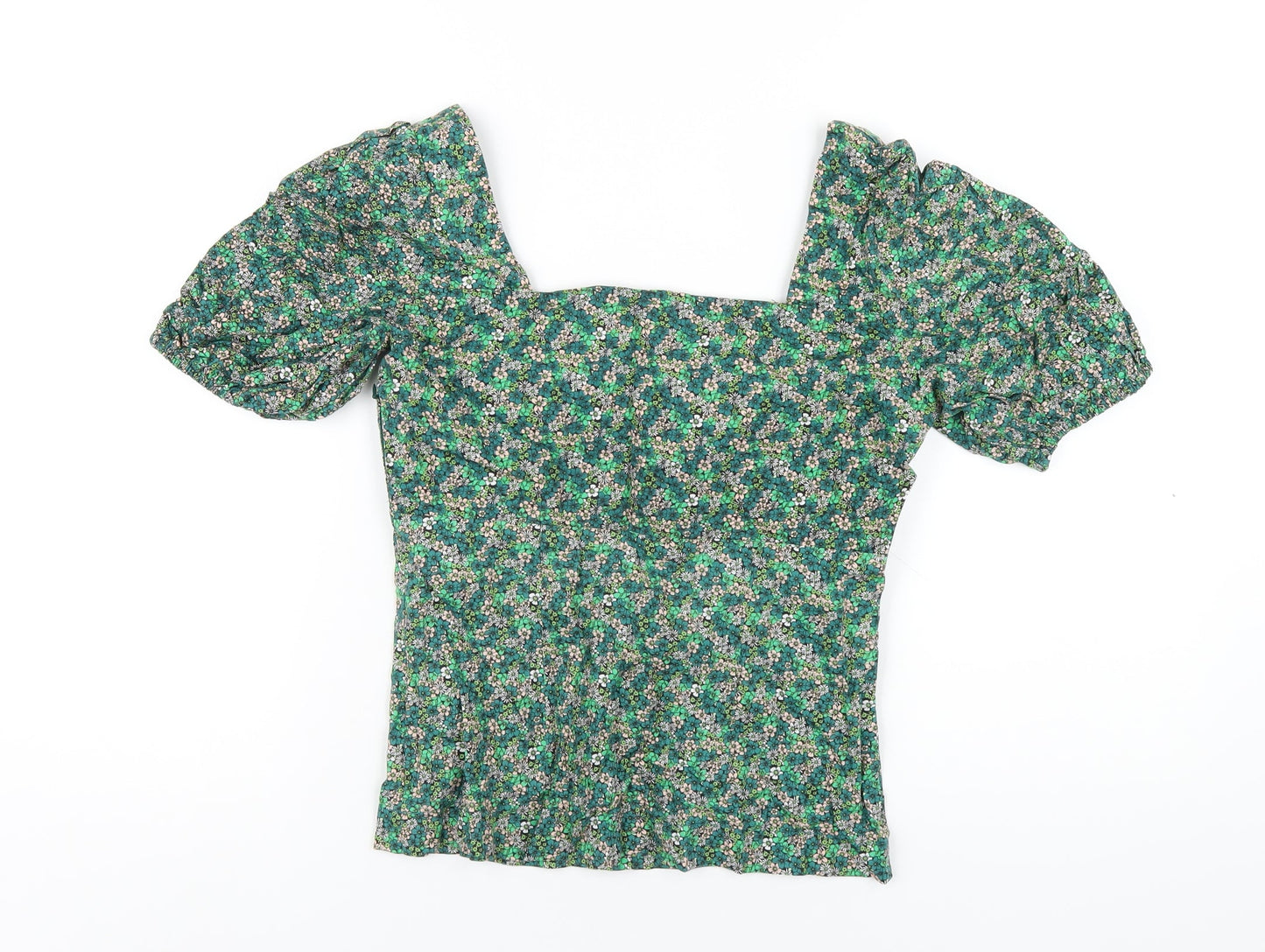 Oliver Bonas Womens Green Floral Cotton Basic T-Shirt Size 6 Square Neck