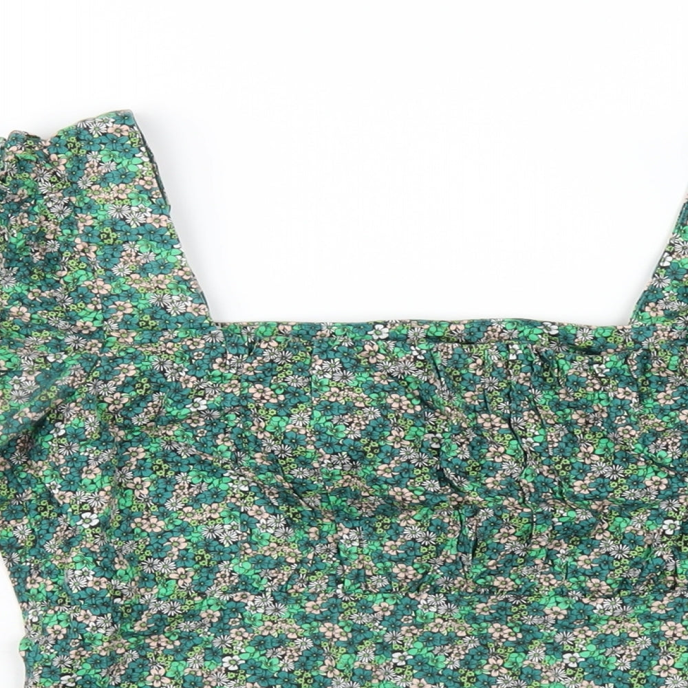 Oliver Bonas Womens Green Floral Cotton Basic T-Shirt Size 6 Square Neck