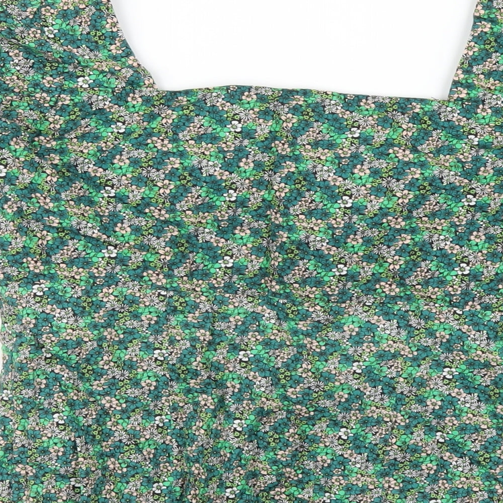 Oliver Bonas Womens Green Floral Cotton Basic T-Shirt Size 6 Square Neck
