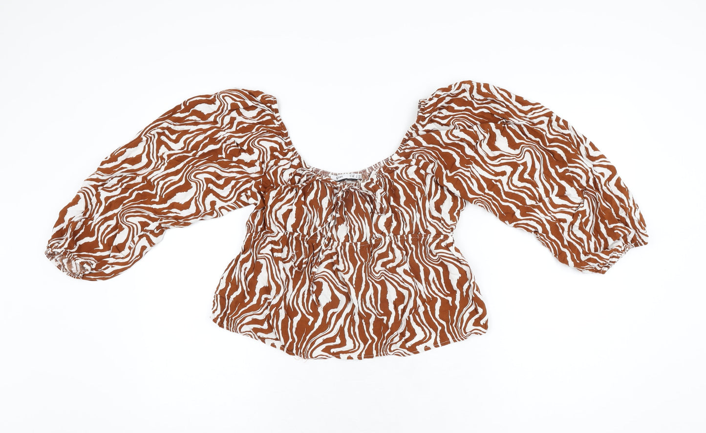 Lefties Womens Brown Animal Print Viscose Cropped T-Shirt Size XL Scoop Neck