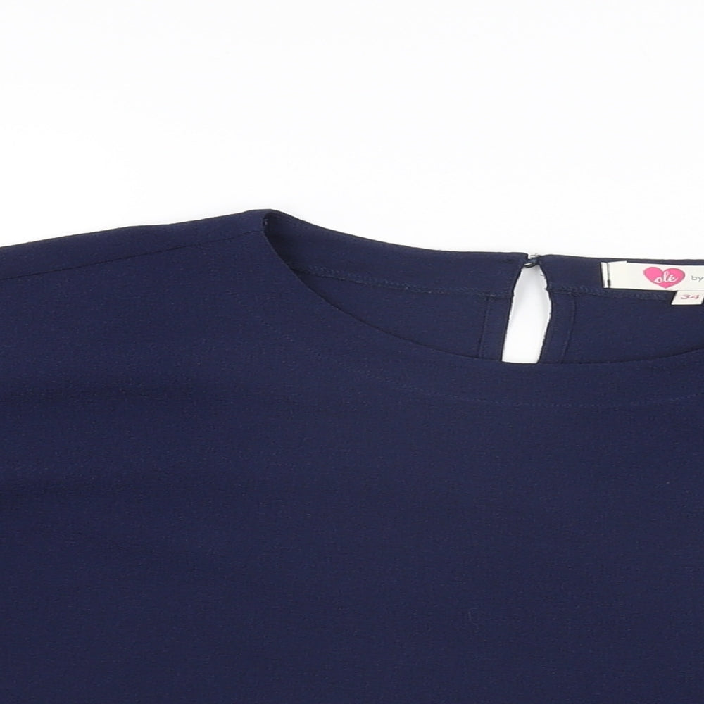 Ole Womens Blue Polyester Cropped T-Shirt Size 6 Round Neck