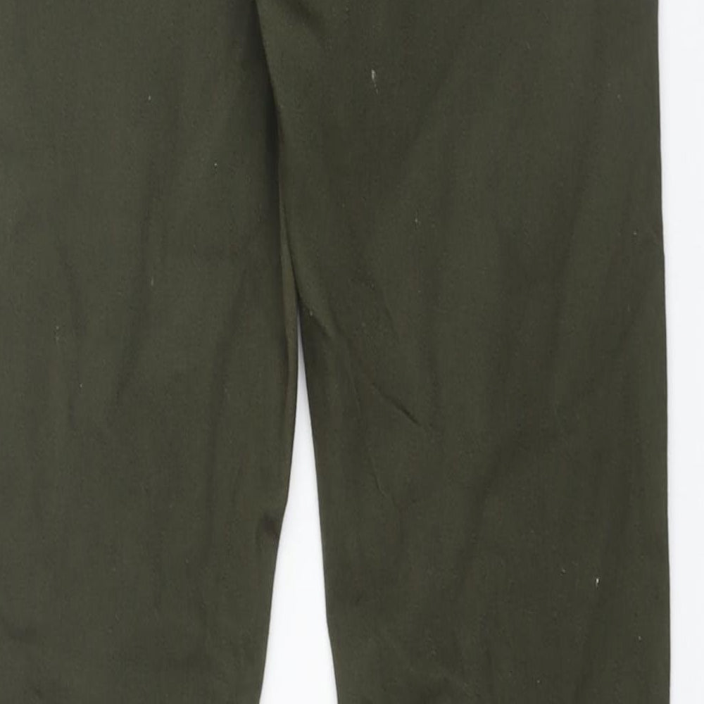 Brand and care label for Denim & Co. men’s green cotton skinny jeans, size 28, in, 32-inch leg regular zip