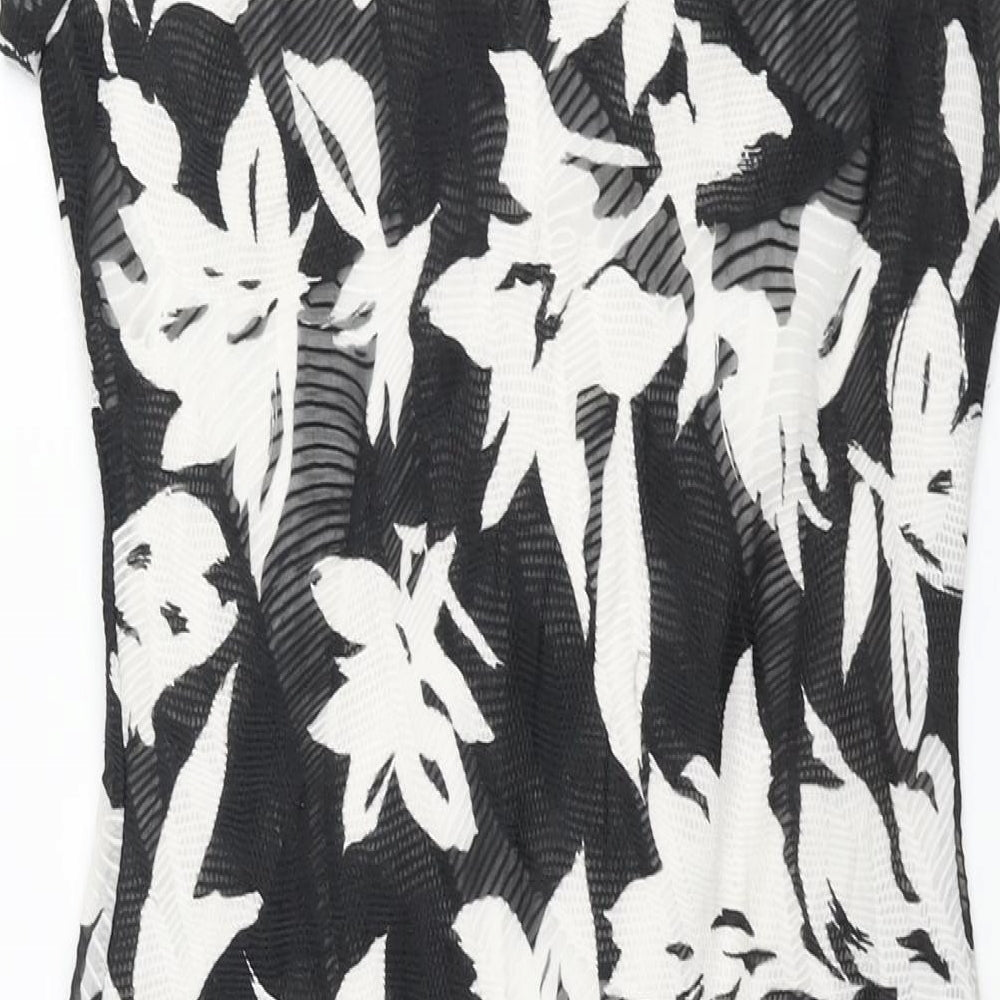 Brand and care label for Roman women’s black floral polyester shift, size UK 12, v-neck pullover - rouched