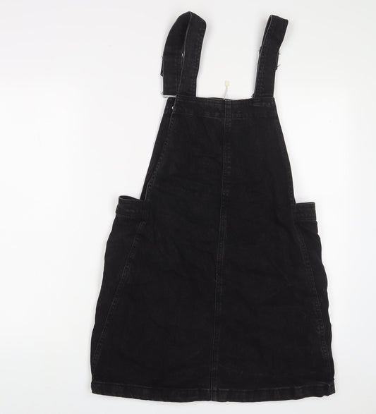 Mango Womens Black Cotton Pinafore/Dungaree Dress Size 8 Square Neck Button