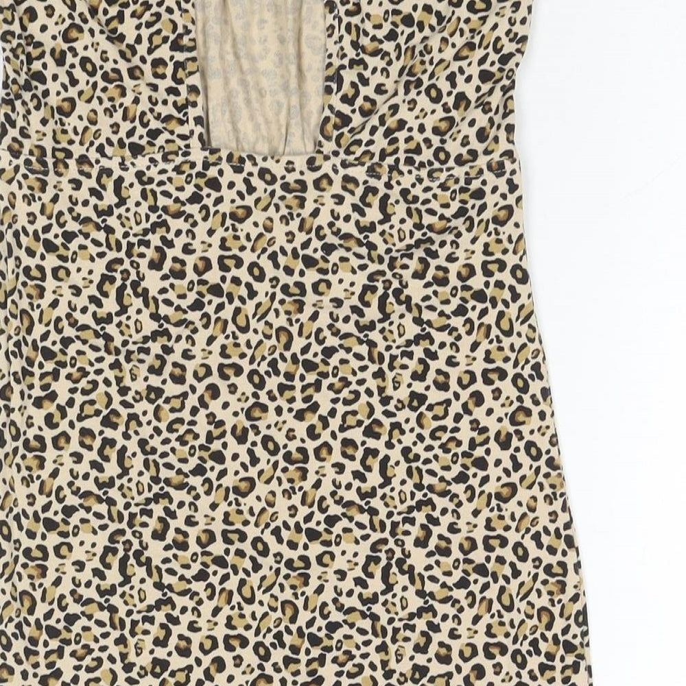 Topshop Womens Brown Animal Print Viscose Mini Size 8 Square Neck Pullover