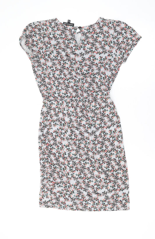 Warehouse Womens Grey Floral Viscose A-Line Size 8 Round Neck Button