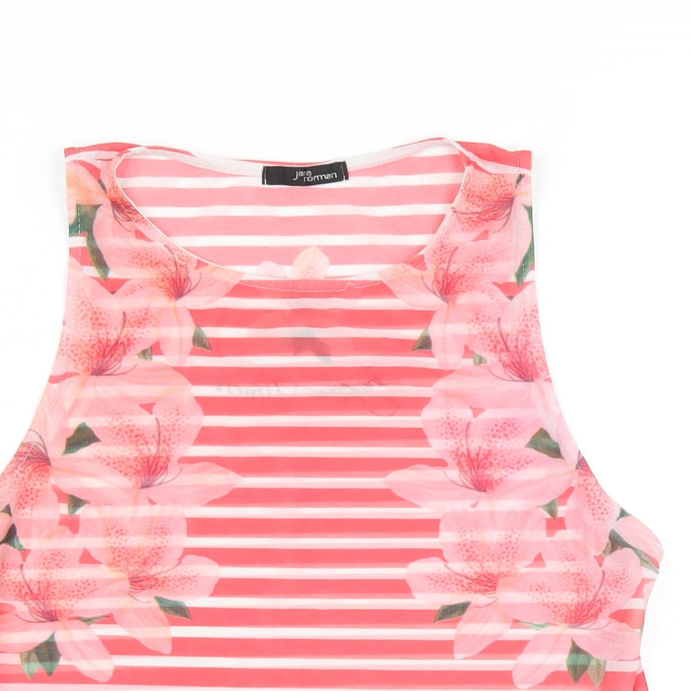 Jane Norman Womens Pink Striped Polyester Basic Tank Size 12 Round Neck