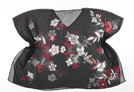 Ann Harvey Womens Black Floral Polyester Basic T-Shirt Size 20 V-Neck