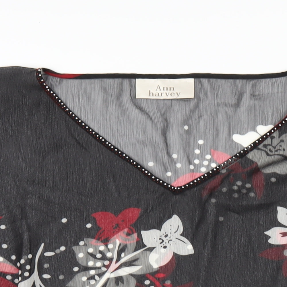 Ann Harvey Womens Black Floral Polyester Basic T-Shirt Size 20 V-Neck