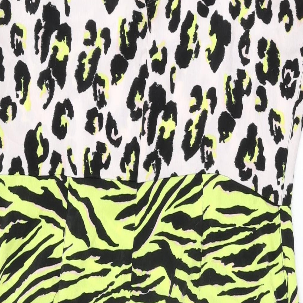 Brand and care label for Miss Selfridge women’s multicoloured animal print polyester a-line, size UK 14, square neck zip