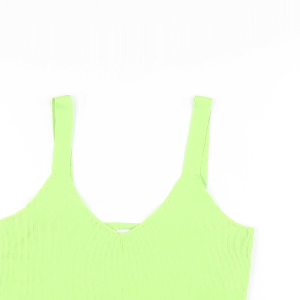 Pink Woman Womens Green Polyester Cropped T-Shirt Size XS V-Neck